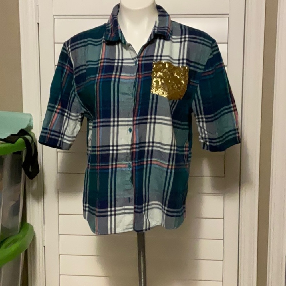 Arizona Jean Company Blue and Green Button Down Shirt